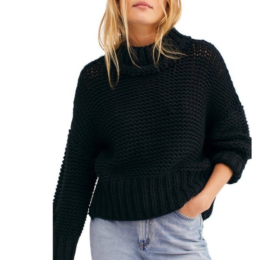 Free People My Only Sunshine Midnight Black Cowl Neck Chunky Sweater Cotton S.